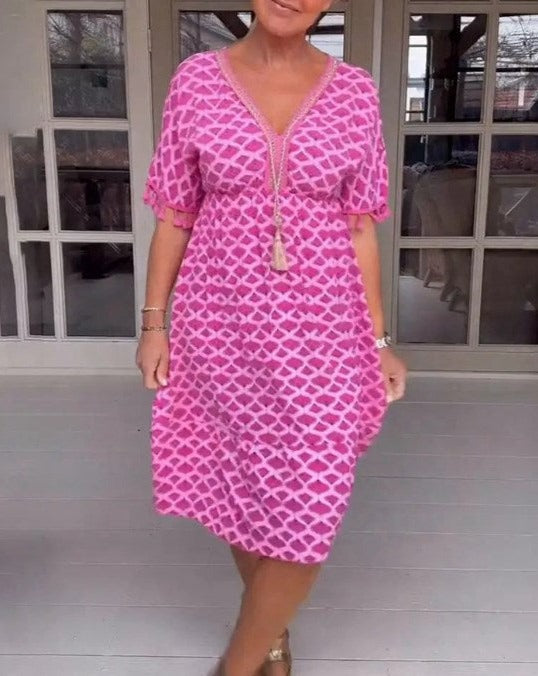 Aisha™ Bequemes Lockeres V-Ausschnitt Midi-Kleid